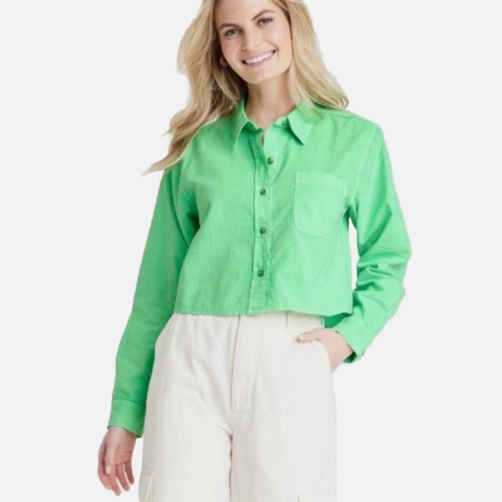 Target Universal Thread Button Down Crop Boxy Long Sleeve Top Size 2XL Linen